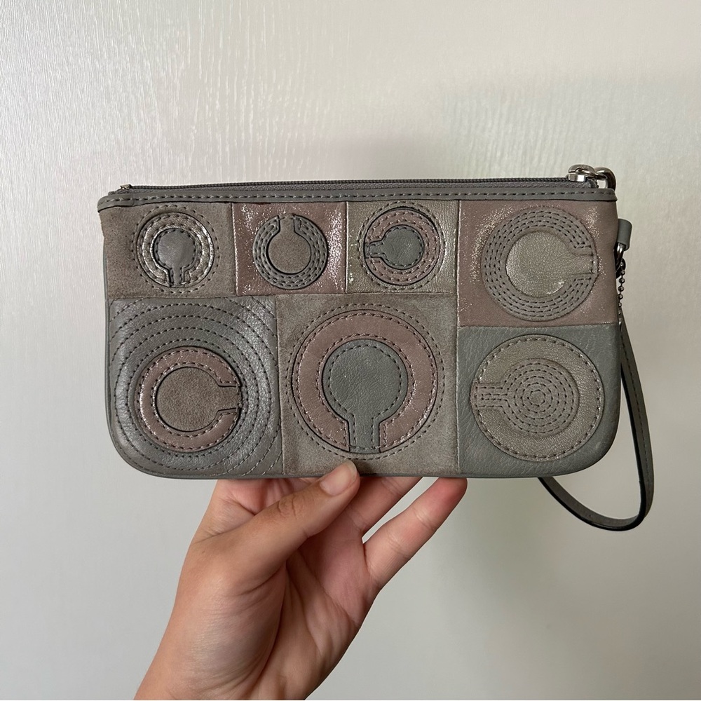 Coach Mia Madison Y2K Grey Stitched Patchwork Suede Leather Fabric Wristlet